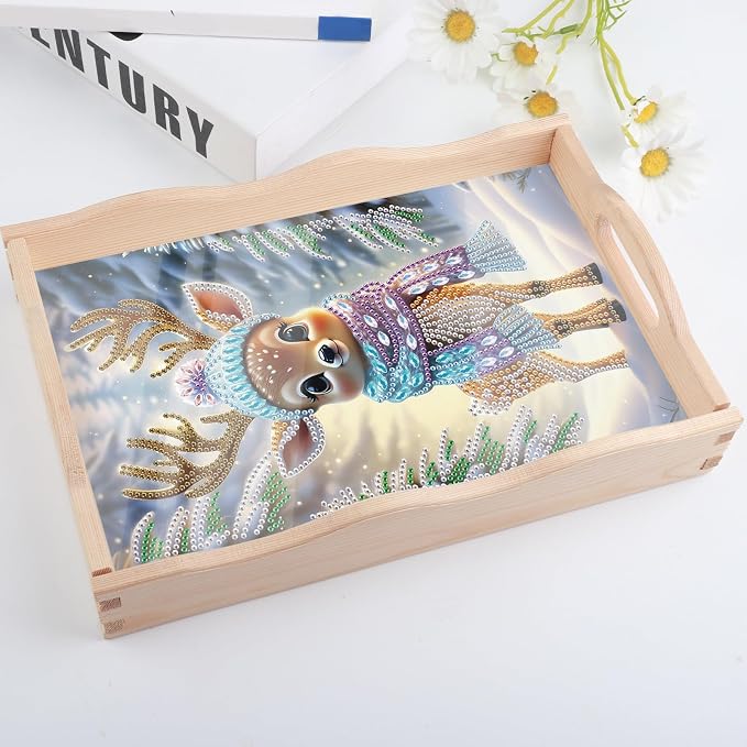 DIY Diamond Serving Tray Rectangular Breakfast Tray with Handle Handmade Diamond Art Painting Wooden Tray for Dinner Plate Coffee Room Living Home Organizer-Deer