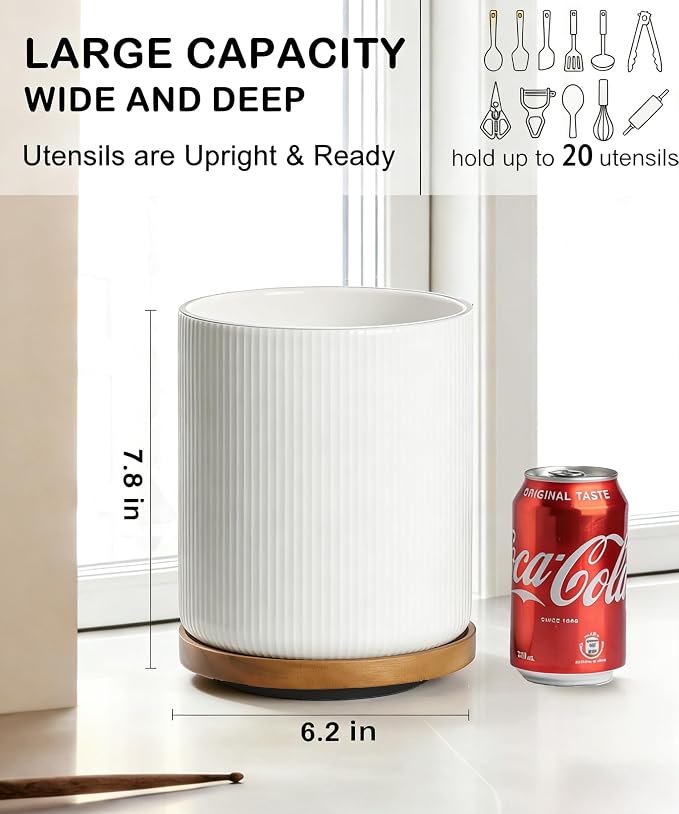 Extra Large Ceramic Utensil Crock 360° Rotating for Kitchen Counter, Weighted Utensil Holder Organizer, Wide Mouth, No-Tip, Farmhouse Decor (White)