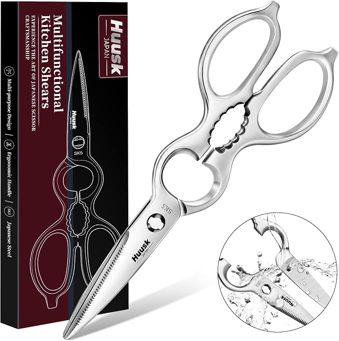 Huusk Kitchen Scissors All Purpose - Christmas Gift for Men and Women - Silver Kitchen Shears for Vegetables and Meat - Detachable Scissors for Thorough Cleaning