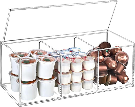 BEYGORM Acrylic Coffee Pod Holder with Lid for 24 Kcup, Clear Coffee Capsule Storage Organizer,3 Compartments Coffee Bar Station Organizer Compatible with Coffee Pod, Coffee Creamer
