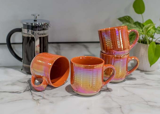 Elanze Designs Glossy Reactive Glaze Large 17 Fluid Ounce Everyday Kitchen Food Grade Ceramic Stoneware Coffee Mug Cup with Comfort Curved Handles, Set of 4, Burnt Orange