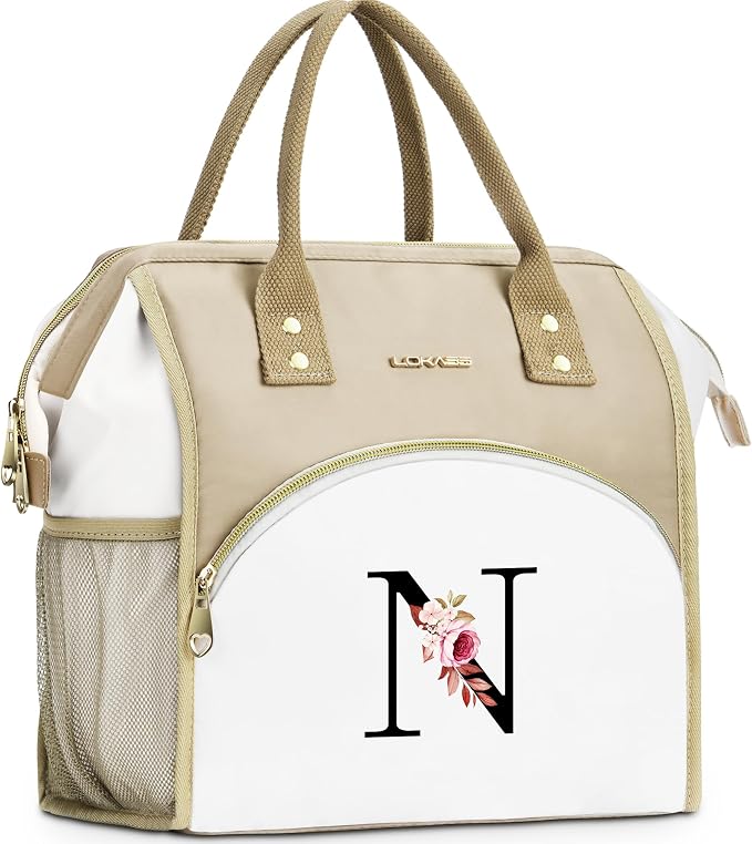 Initial Lunch Bag Women, Cooler Insulated Lunch Bag, Large Adult Leakproof Lunch Box for Picnic Work, Personalized Tote Bag, Birthday Gifts/Mother's Day Gifts, Letter N.