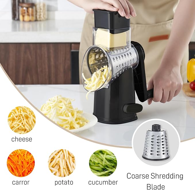 Weltonhm Rotary Cheese Grater with 3 Blades, Large Hand Crank Cheese Grater with Waffle Slicer, Black and White Cheese Slicer with Suction Base, Easier for Shredding& Grating (black, 3 Graters)