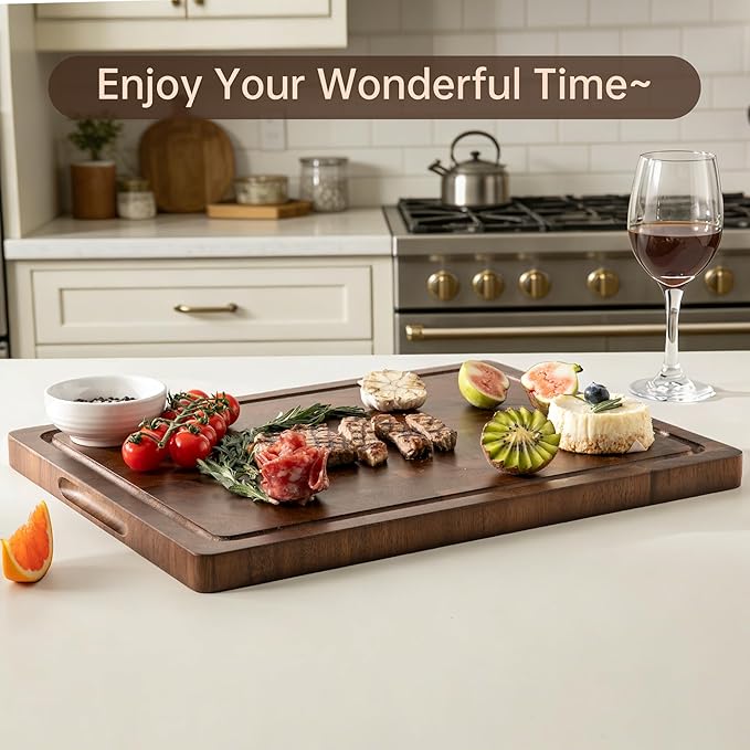 Walnut Wood Cutting Board, End Grain Cutting Boards for Kitchen, Woden Chopping Board with Inner Handle & Juice Groove, Reversible Butcher Block Meal Prep & Serving with Gift Box, 17"×13"×1"