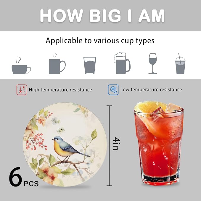 6 Pcs Drink Coasters with Holder,Vintage Watercolor Bird Flower Absorbent Round Ceramic Coaster for Tabletop Protection,for Coffee Cup Beverage Coasters Wine Beer Bar