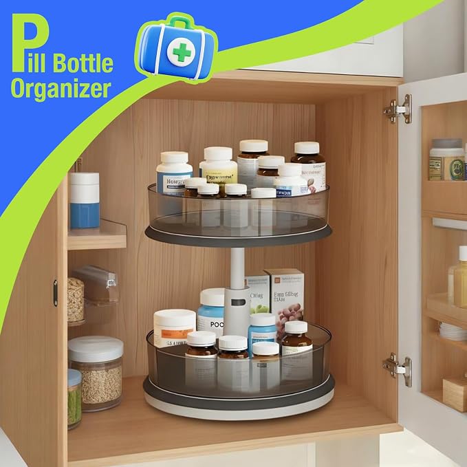 2 Tier Lazy Susan Turntable Organizer for Medicine Cabinet Bottle Pantry Countertop with Clear Large Spice Rack 11 Inch Grey