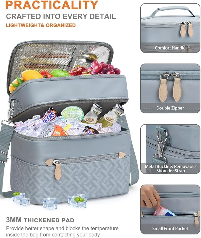Capolo Lunch Box for Women Men Adults,Double Deck Insulated Lunch Bag Leakproof Lunch Cooler Box with Removable Strap Lunch Tote Bags Reusable Thermal Lunchbox for School Work Picnic(Large,Blue)