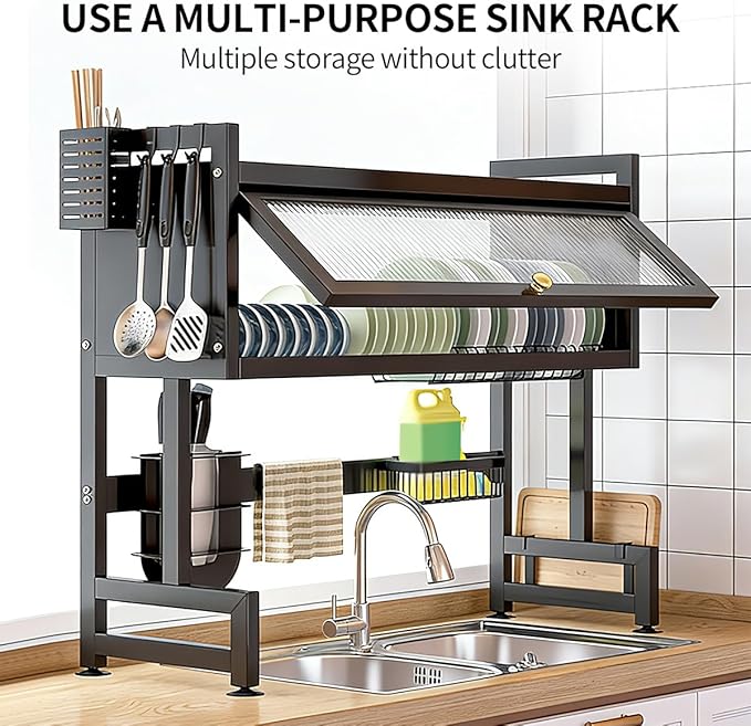Verida Over the Sink Dish Drying Rack 3 Tier, Over Sink Dish Drain Drying Rack for Kitchen Storage of Dishes and Cutlery, Space Saving Dish Rack with Cover, Black