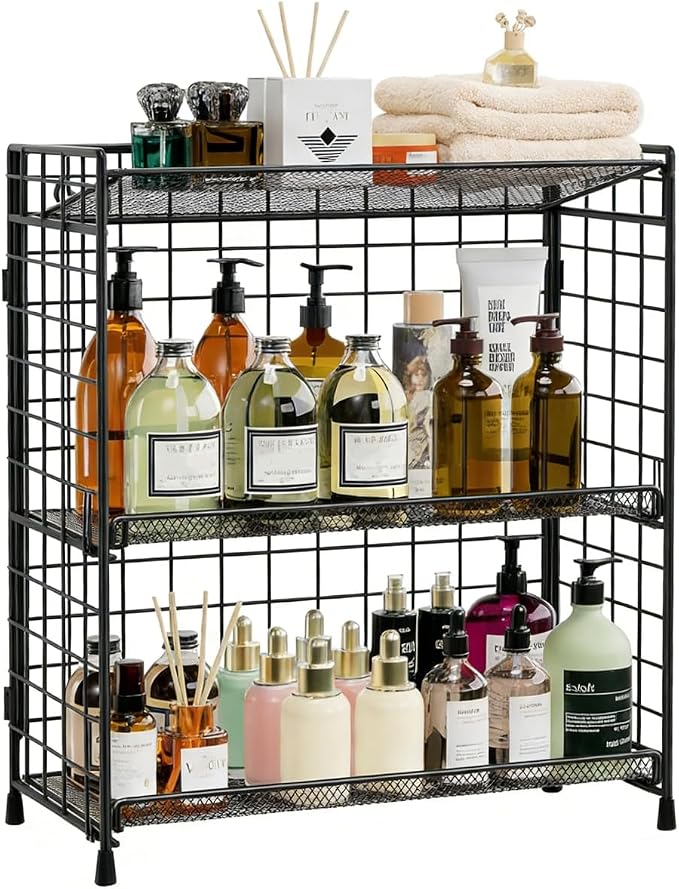 DTUQYX Bathroom Counter Storage Organizer, 3 tier Flodable Perfume Make up Organizers for Vanity, Installation-free Metal Seasoning Shelf Spice Rack for Countertop, Kitchen, Cabinet, Bedroom, RVs