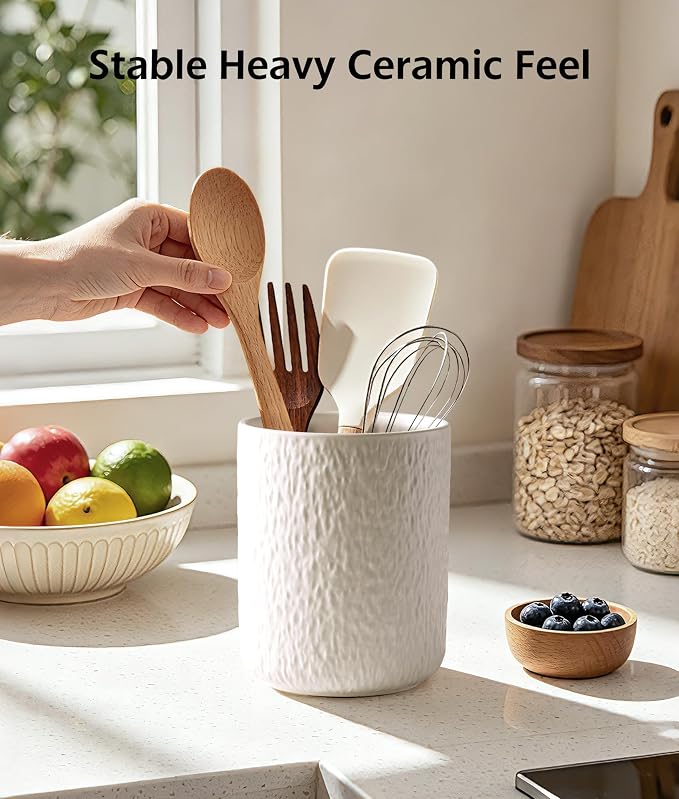 Kitchen Utensil Holder for Countertop, Ceramic Utensil Crock with Ripple Texture, Heavyweight White Kitchen Organizer for Spatulas, Spoons & Cooking Tools, Modern Minimalist Counter Decor