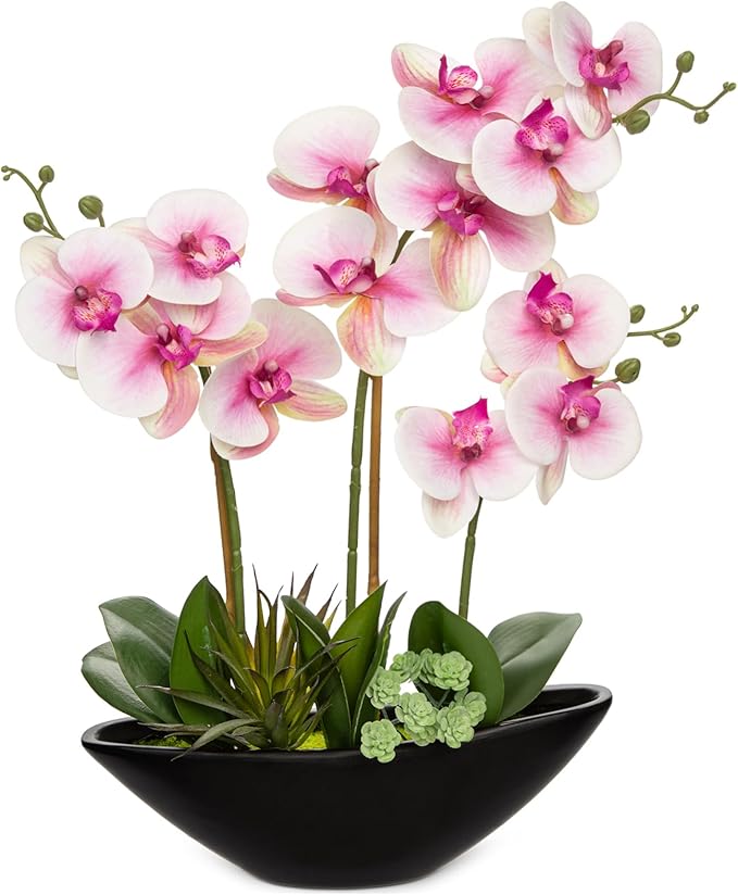 Briful Pink Orchid Fake Flowers 17in Artificial Orchid Silk Flowers in Black Pot Faux Orchid Arrangement for Home Office Bathroom Table Centerpiece Modern Decor