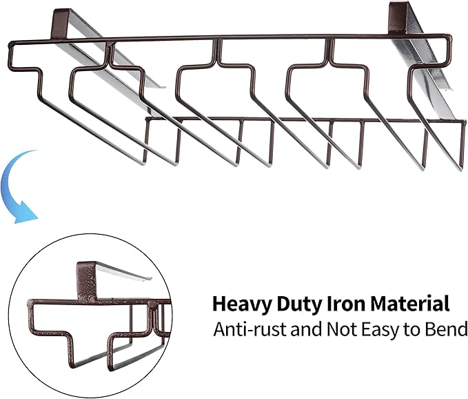Wine Glass Rack Under Cabinet Drilling Free No Screw Steamware Holder Under Shelf Metal Wine Glasses Holders 304 Stainless Steel Hanger Storage Organizer Hanging Glass Fit for Bar Kitchen 4 Rows Brown