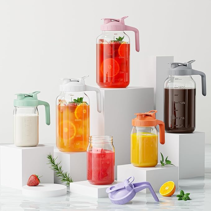 Breast Milk Pitcher - 32 oz Glass Mason Jar with Dual Leak-Proof Design, Airtight Seal, Pour Spout & Handle, Storage Container for Breastmilk, Iced Tea & Ice Drinks（Pink）