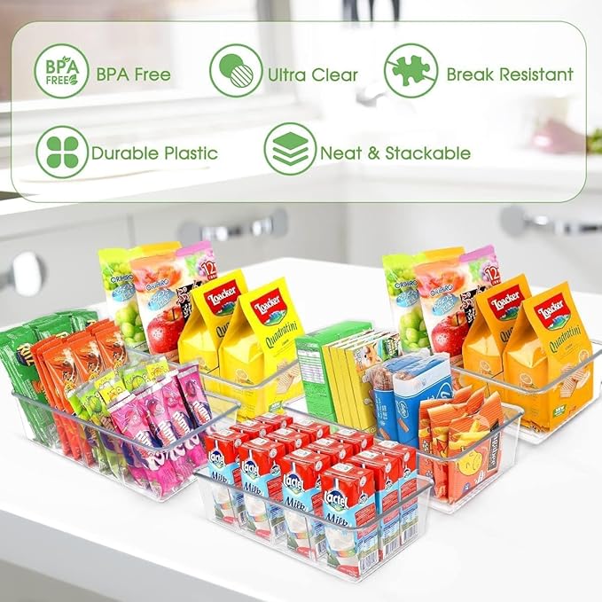 4 Pcs Clear Pantry Organizers and Storage,Plastic Storage Bins for Fridge with Removable Dividers, Kitchen Cabinet Organizers Ideal for Kitchen, Pantry, Refrigerator, Freezer, and Snack Storage