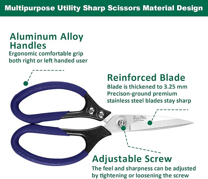 Heavy Duty Scissors All Purpose, 8.5 inch Stainless Steel Utility Sharp Shears, Aluminum Alloy Handle for Cutting Cardboard,Carpet,Fabric,Leather,Rope,Rubber,Plastic and Kitchen or Workshop Use