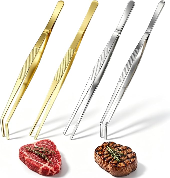 Hicarer 4 Pack Kitchen Tweezers Tongs 12 Inch Stainless Steel Cooking Tweezers for Chef Professional Gold and Silver Precision Plating Tongs for Grilling BBQ Sushi Meat Fish Pasta Cocktail