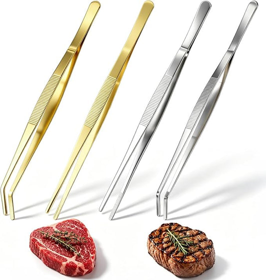 Hicarer 4 Pack Kitchen Tweezers Tongs 12 Inch Stainless Steel Cooking Tweezers for Chef Professional Gold and Silver Precision Plating Tongs for Grilling BBQ Sushi Meat Fish Pasta Cocktail