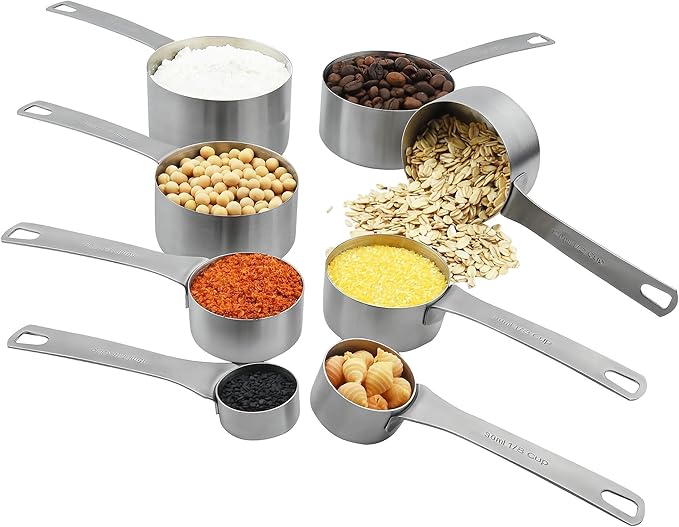 Measuring Cup Set of 8, 18/8 Stainless Steel Measuring Cups for Kitchen & Baking, Heavy Duty Metric & US Measure Cups Set with 2/3 Cup & 3/4 Cup Meaure Cups