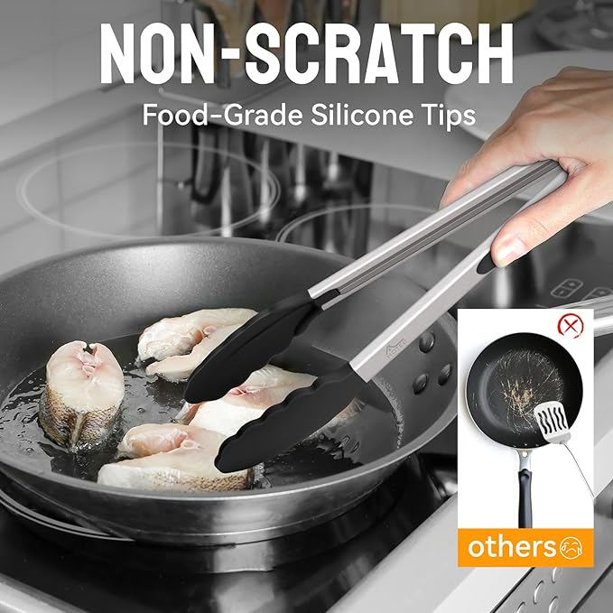 HOTEC Premium Stainless Steel Locking Kitchen Tongs with Silicon Tips, Set of 2-9" and 12"