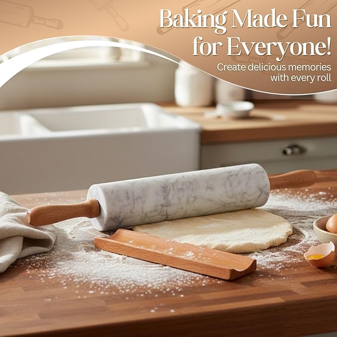Flexzion Marble Rolling Pin Heavy Nonstick Stone Dough Roller - 10 Inch Polished Barrel with Wooden Handles & Cradle Stand for Baking Pastry Bread Pizza Cookies Pie Crust Pasta Tortillas (White)