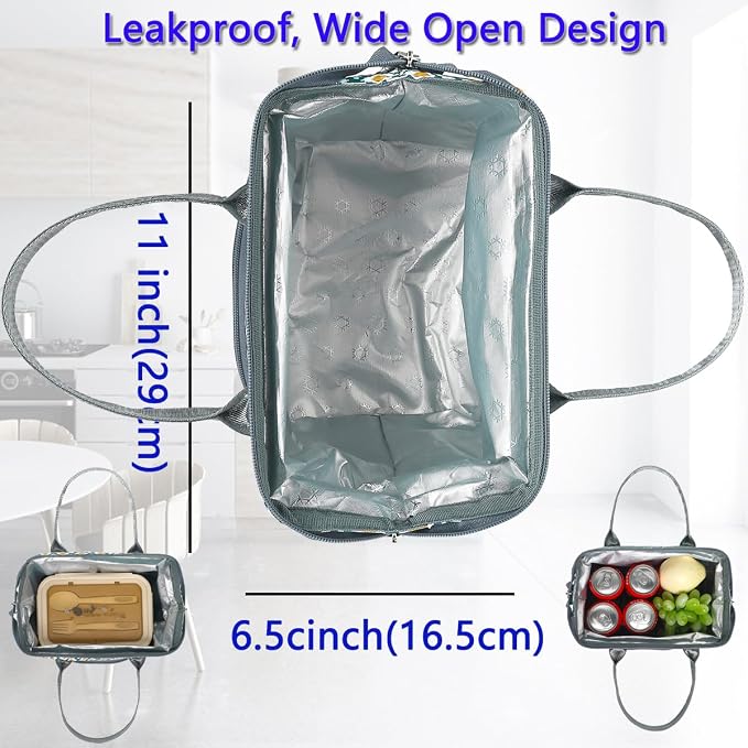 FlowFly Insulated Lunch Bag for Women, Men, Large and Reusable, Handle, Work and Travel Tote and Meal Prep Organizer, Square