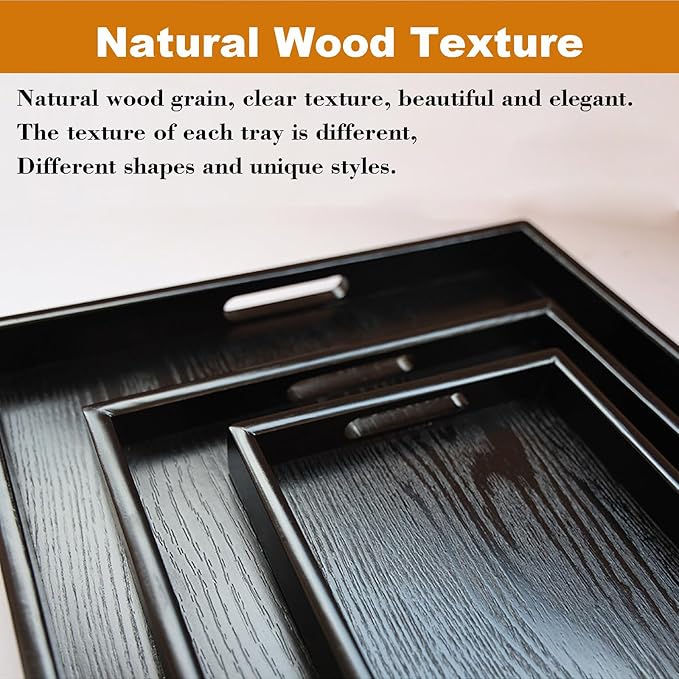 Wooden Serving Tray with Handles, Rectangle Decorative Serving Tray Platter Wood Bed Tray with Raised Edges Snack Tray for Home Kitchen Restaurant Coffee Tea Food Breakfast Dinner Décor(Black)