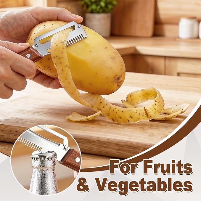 Multifunctional Vegetable Peeler for Kitchen, 3-in-1 Stainless Steel Potato Carrot Peeler with Bottle Opener, Zero Snag Wooden Peeler for Fruits & Veggies (2 PCS)
