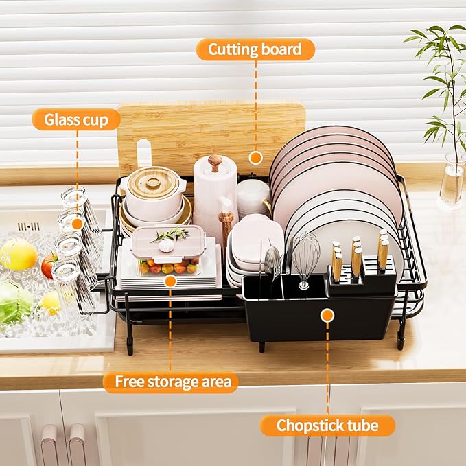 Extendable Dish Rack - a Rust-Resistant Dish Rack Suitable for Kitchen countertops, Featuring Adjustable Support Legs, a Cutlery Rack, and a Removable Drain Tray.