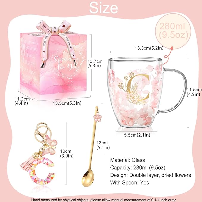 Personalized Gifts for Women Flower Double Wall Glass Coffee Mug Initial Tea cup Monogrammed Customized Bridesmaid Bride Wedding Gift Graduation Gifts Valentine Mother's Day Birthday Christmas Gift(C)
