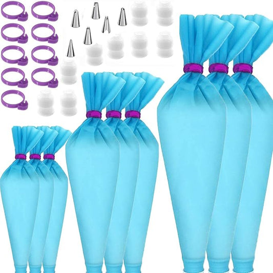 Reusable Piping Bags and Tips Set - Strong Silicone Icing Bags with Tips - 33 Pcs Cake Decorating Kit of 9 Pastry Bags 12, 14 & 16 Inch - 9 Couplers, 9 Bag Ties, 6 Frosting Tips