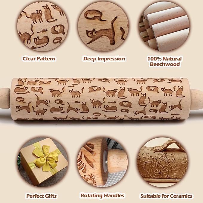 Embossed Rolling Pin for Baking Cookies Embossing Rolling Pins with Design Wooden Engraved Springerle Roller Pin Dough Animal Patterned Clay Pottery Ceramic Stamp Gifts Bakers Women (Cat & Heart)