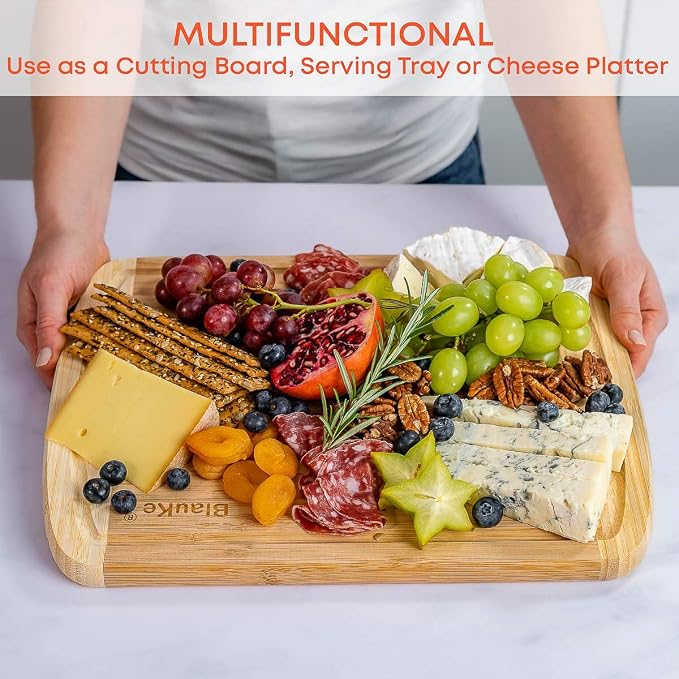 Wood Cutting Board for Kitchen – 14x11" Bamboo Cutting Board with Juice Groove – Wooden Chopping Board, Serving Tray, Butcher Block – BlauKe®
