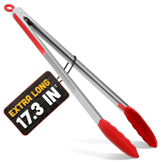 17.3" Extra Long Tongs with Silicone Tip & Stainless Steel Frame — BBQ Tongs for Grilling & Serving, Summer Kitchen Tool for BBQ Steaks, Burgers & Veggies — Outdoor Salad Server with Non-Slip Grip