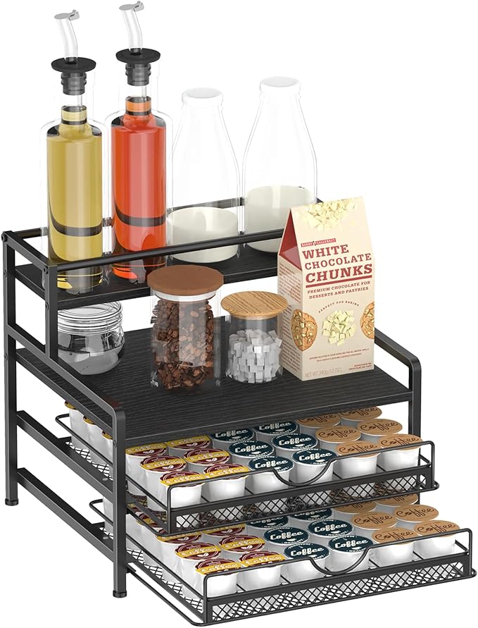 OGEMXU Coffee Bar Organizer, Coffee Pod Organizer,3 Tier Coffee Syrup Rack Organizer,72 K Cup Storage for Counter Storing K Cup,Coffee Syrups, Coffee Makers and Other Coffee Supplies-Black