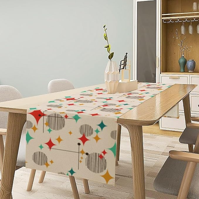 Mid Century Modern Table Runner, 1970s Geometric Pattern Contemporary Style Table Runner Country Farmhouse Cottage Linen Table Decoration for Home Kitchen Dining,13x60 Inch