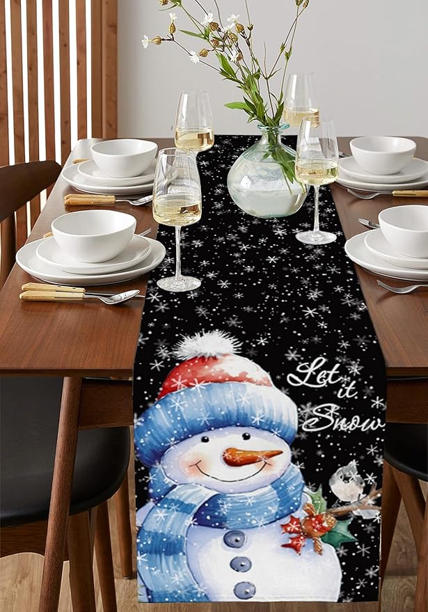 Snowman Christmas Table Runner - 108 Inch Long, Black Xmas Winter Snowflake Dining Table Runner Dresser Scarves, Rustic Let Snow Bird Christmas Decor for Coffee Table Wedding Party Banquet, 13x108 in