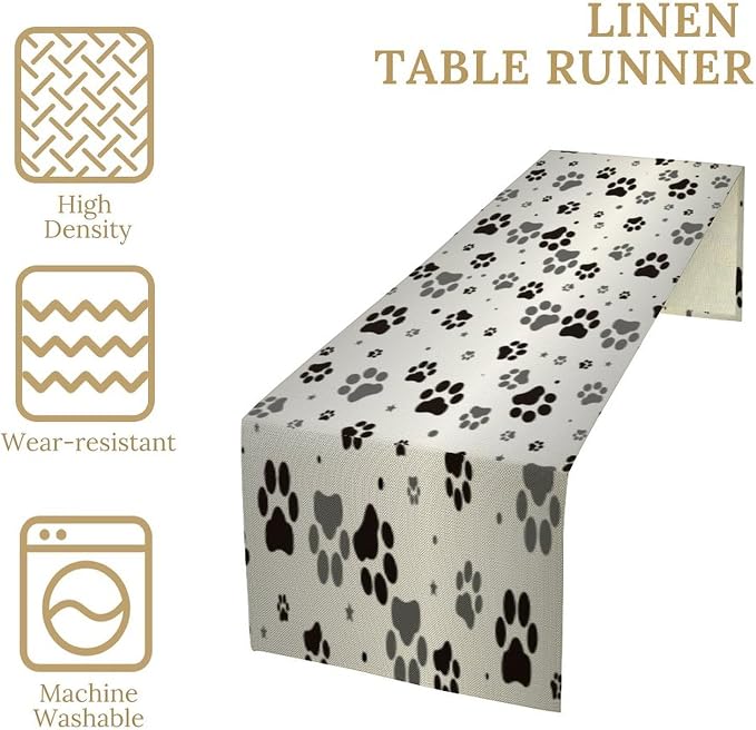 Dog Paw Print Table Runner, Cartoon Grey Simple Cute Cat Dog Animal Paw Print Table Decor Table Top Dining Kitchen Wedding Party 13x36 in