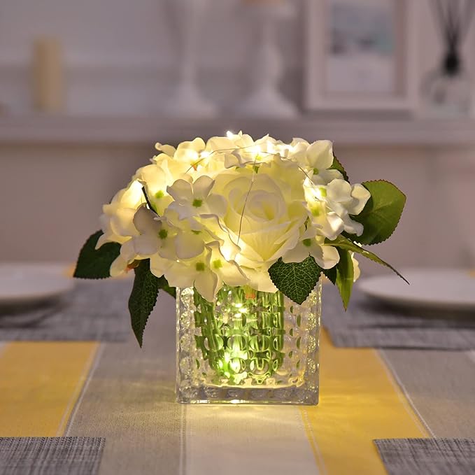 Fule Artificial Silk Rose Flower Centerpiece Arrangement in Glass Vase with LED Light for Home Wedding Decoration (White)