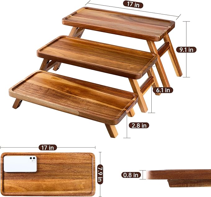 Tiered Serving Tray 17 Inch Acacia Wooden Cupcake Stand & Platters 3 Tiered Tray Foldable Dessert Table Display Set Decor for Party Charcuterie Boards for Birthday, Wedding, Christmas, Valentine's Day