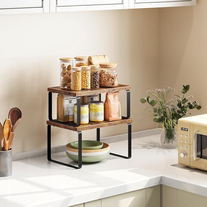 HOOBRO Cabinet Organizer Shelf, Set of 2, Kitchen Countertop Organizer, Kitchen Countertop Shelf, Spice Rack for Counter, Stackable, Expandable for Cabinet, Kitchen, Rustic Brown and Black BF33TL01