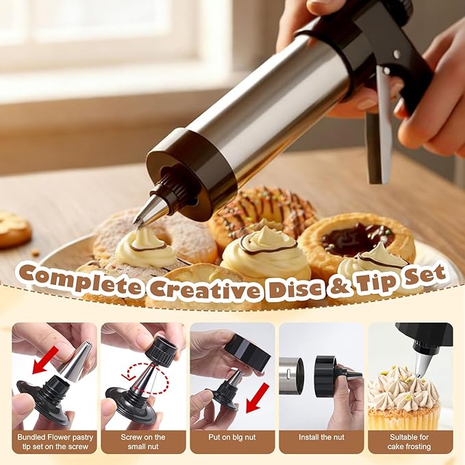 Cookie Press Gun Kit, Stainless Steel Spritz Cookie Press with 13 Discs & 8 Icing Piping Tips, Baking Cookie Maker, Icing Decorating Gun for Cookies Cakes Pastry Dessert Baking Decoration