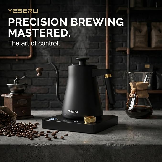 1.0L Gooseneck Electric Kettle with ±1℉ Temperature(104-212F) Control, Expert Brew Pour-Over Coffee & Tea,4 Temp Preset,12H Keep Warm,304 Stainless Steel Interior, 1200W Fast Boiling, Matte Black