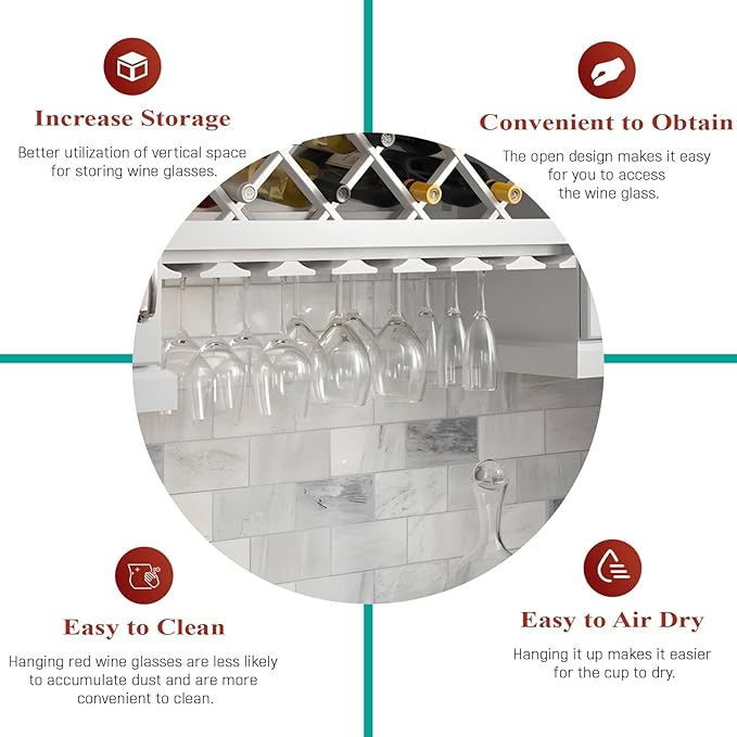 Wine Glass Holder Under Wall Cabinet,Glass Organization for Kitchen and Bar, Wall Mounted, RTA, White Shaker, Painted, 7 Section (White, 30" W X 1.5" H X 12" D)
