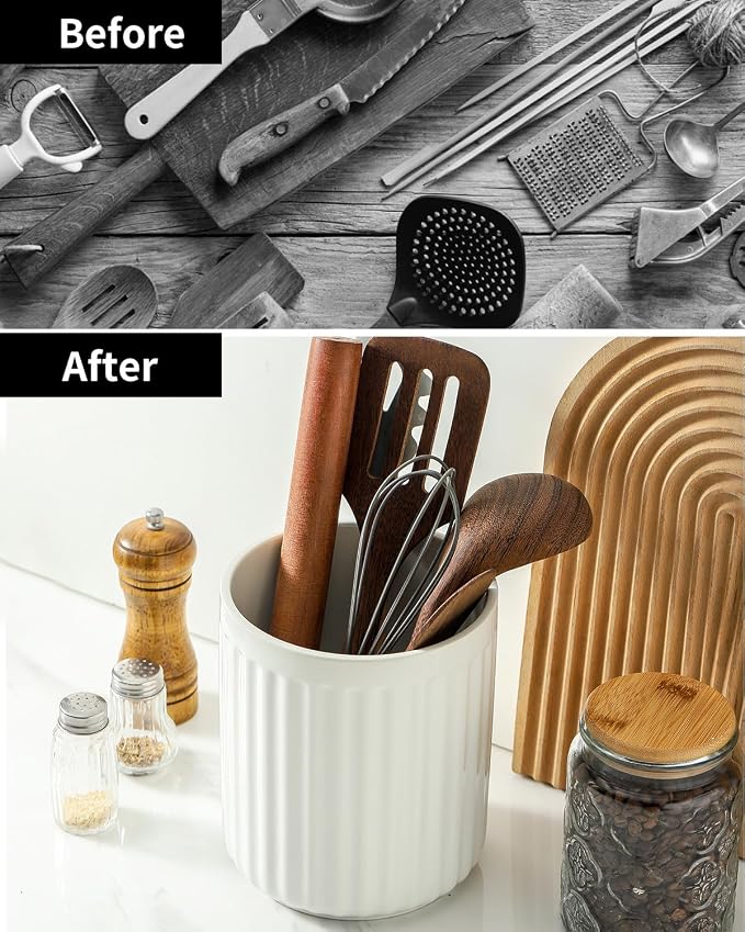 HASENSE Utensil Holder, 7.3” x 6.2” Farmhouse Utensil Holder for Kitchen Countertop, Ceramic Cooking Utensil Crock, Kitchen Utensil Organizer for Wedding Gift, Spatula Holder for Counter, White