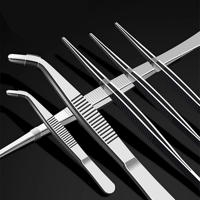 10Inch Fine-Tip Kitchen Tweezers Tongs – Extra-Long Stainless Steel Cooking Tweezers Dishwasher Safe for Grilling, Baking & Food Prep (10In Bent BBQ Tongs)