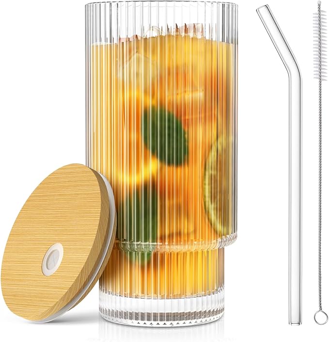 CWHHRN 16 OZ Glass Cup with Lid and Straw, Vintage Ribbed Glassware for Whiskey Cocktail Beer, Iced Coffee Cups with Lid, Glass Tumbler with Straw and Lid (1 PACK)