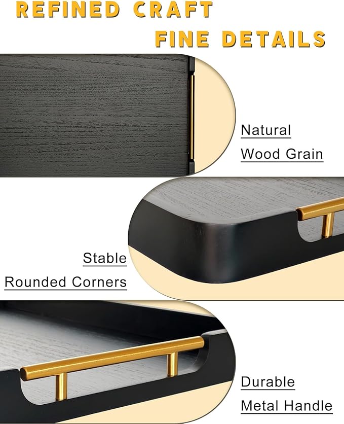 22" x 15.75" Black Wooden Serving Tray with Gold Metal Handles & Rounded Corners, Large Rectangular Wood Ottoman Tray for Living Room, Coffee Station