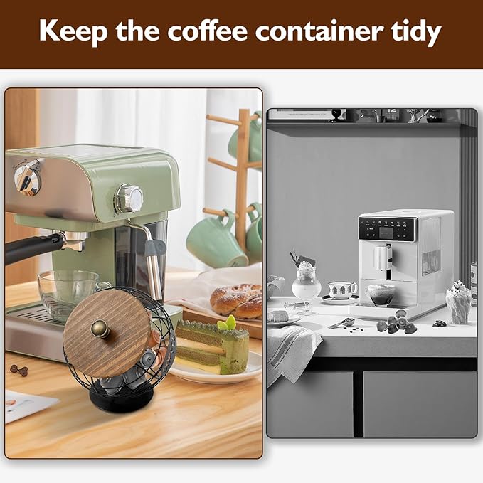 Coffee Pod Holder with Lid, Large Capacity Unique Spherical Design Cup Holder with Wood Lid, Black Wire Coffee Capsule Storage Basket for Kitchen Countertop, Cafe Bar Organizer (black)