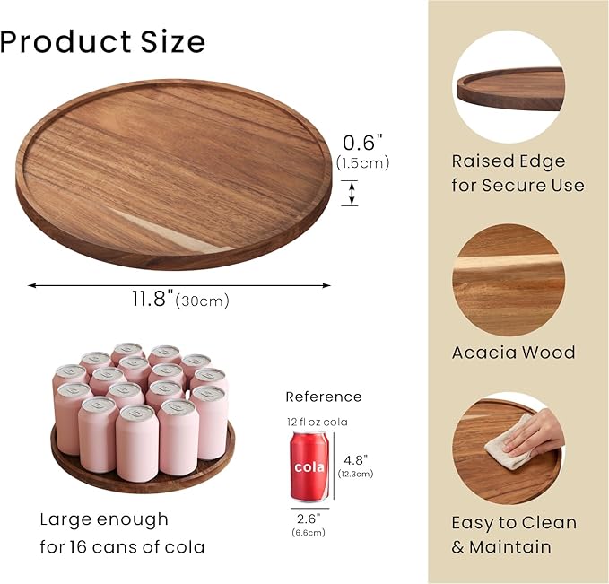 VERTORGAN Acacia Wood Serving Tray,11.8 Inch Decorative Trays Platter for Coffee Table,Living Room,Bar,Party,Mini Charcuterie Boards Cheese Board,Home Decor