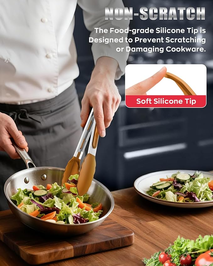600ºF Heat Resistant Kitchen Tongs, Premium Locking Cooking Tongs with Silicone Tips, Non-Slip Food Tongs for Cooking, Non-Stick, Heavy Duty Stainless Steel Handle, Set of 3-7" 9" and 12" Multicolor